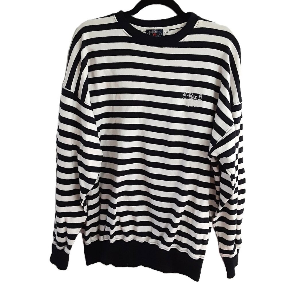 VTG 80's Regatta Sport Womans Sweater Size XL Cotton Black White Stripe Pullover